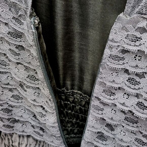 Free People Mini Dress Womens 8 Smocked Lace Chiffon Gray Lined Boho Chic - Picture 7 of 16